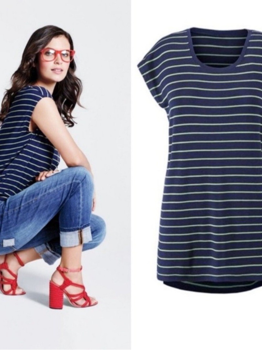 CAbi Navy and Cream Striped Short-Sleeve Tee